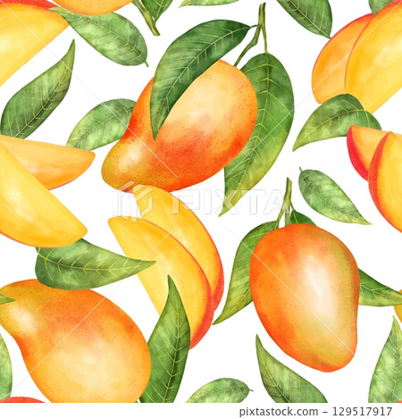 Hand-drawn seamless pattern with mango fruits, juicy slices, and green leaves scattered on a white background. Perfect for summer textiles, fresh food packaging, or bright and airy digital designs. Hand-drawn seamless pattern with mango fruits, juicy slices, and green leaves scattered on a white background. Perfect for summer textiles, fresh food packaging, or bright and airy digital designs. 129517917