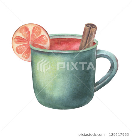 Green mug filled with mulled wine, orange slice, cinnamon stick. Hand-painted watercolor illustration of drink isolated on white background for holiday designs, menu, cards, food and drink branding Green mug filled with mulled wine, orange slice, cinnamon stick. Hand-painted watercolor illustration of drink isolated on white background for holiday designs, menu, cards, food and drink branding 129517963