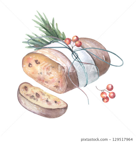 Christmas stollen tied with string, berries, fir branch. Hand-painted watercolor illustration isolated on white for holiday cards, bakery branding, menu design, winter decor, culinary projects 129517964