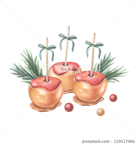Caramel apples with blue bows, fir branches, balls. Hand-painted watercolor illustration of dessert isolated on white background for winter fairs, holiday treats, festive menus, Christmas markets 129517966