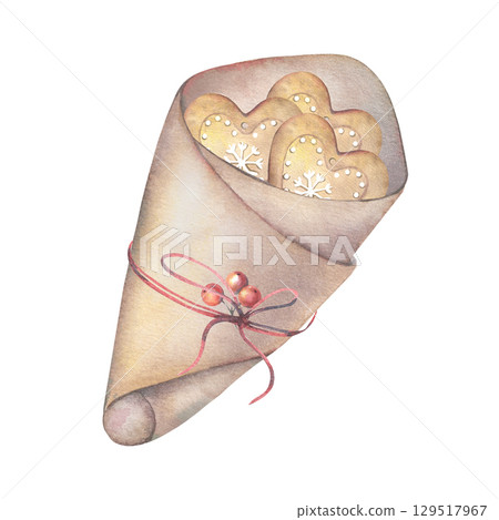 Craft paper wrap tied with string filled with cookies. Hand-painted watercolor illustration of sweet snacks isolated on white. Ideal for cafe menu, holiday, fair, market branding, product design 129517967