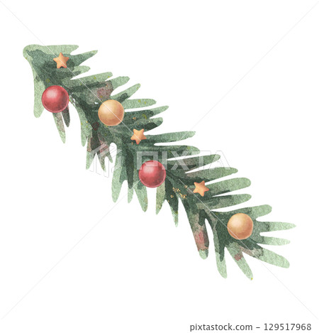 Fir branch with balls, Christmas tree decoration. Hand-painted watercolor illustration isolated on white background for Christmas cards, winter decor, seasonal packaging, invitations, holiday projects 129517968