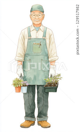 A senior man wearing a hat and apron is standing with a smile, holding flower seedlings and a flowerpot in both hands. 129517982