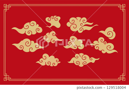 Collection of gold clouds in Chinese style on red background. Flat hand drawn vector illustration 129518004