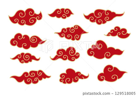 Japanese traditional clouds set, Asian wavy curly ornament. China ornament clipart, eastern decoration. Red Clouds flow with the wind in the sky and golden contour. Vector 129518005