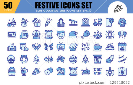 Festive Blue Color Outline Icons Set.This icons related to celebrations and festivals like Christmas, New Year, and more. 129518032