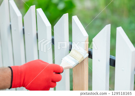 Male hand in red working glove painting newly made wooden fence in white colour, close up. Renovation of the garden fence by changing its colour, using paint brush, country style Male hand in red working glove painting newly made wooden fence in white colour, close up. Renovation of the garden fence by changing its colour, using paint brush, country style 129518165