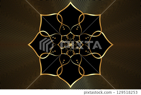 Sacred Lotus flower, gold line art floral ornament, luxury logo design. Black Flower blossom symbol of yoga, spa, beauty salon, cosmetics, relax, brand style. Vector isolated on golden background 129518253