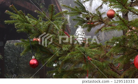 Christmas ornaments hanging on fir tree swaying by wind in mist Christmas ornaments hanging on fir tree swaying by wind in mist 129518333