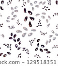Black shiny seeds scattered in fantasy pattern isolated on white background. Watercolor seamless pattern for design of juices, cocktails, jams, drinks, food, children's goods, kitchen textiles. 129518351