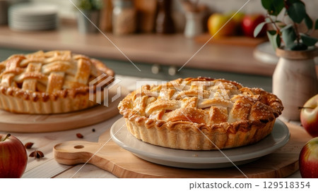 Indulge in Delicious Homemade Apple Pies, Freshly Baked and Ready to Serve at Your Next Gathering or Celebration 129518354