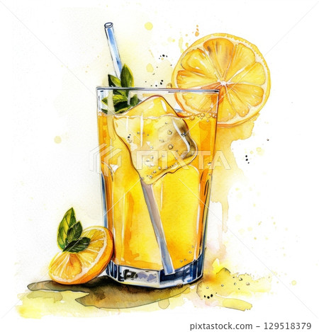 Enjoy a refreshing and cool Fresh Lemonade Drink with Mint and Ice served in a Clear Cup, perfect for summer 129518379