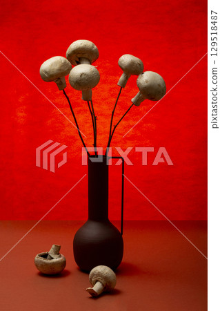 Still life "Bouquet of mushrooms" with mushrooms on wooden sticks 129518487