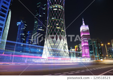 Night road traffic in financial centre in Doha, Qatar Night road traffic in financial centre in Doha, Qatar 129518523