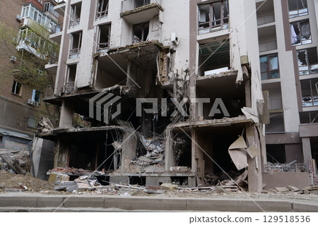 After bombing, dwelling house destroyed by russian missile in Kyiv city, Ukraine 129518536