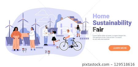 Home sustainability fair renewable energy eco community people wind turbines solar panels house outdoor activities modern banner landing page 129518616