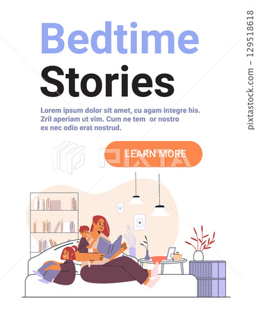 Mother reading bedtime story children cozy living room sofa bookshelf plants warm home evening family routine website banner 129518618