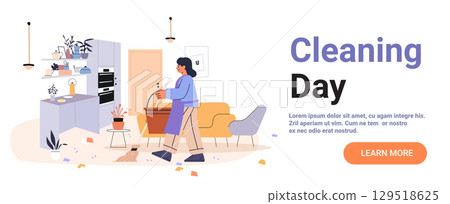 Woman cleaning home modern kitchen living room interior mop bucket scattered paper cozy furniture plants pastel colors website banner 129518625