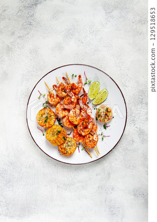 tiger prawns on skewers, shrimp kebab, with corn, fried, homemade, no people, 129518653