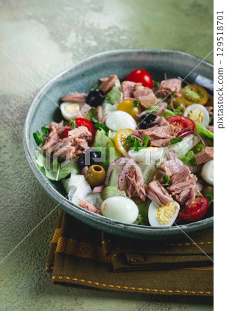 salad with canned tuna, vegetable salad with quail eggs, lettuce, red onion , cherry tomatoes , olives, keto food, healthy food, homemade, no people salad with canned tuna, vegetable salad with quail eggs, lettuce, red onion , cherry tomatoes , olives, keto food, healthy food, homemade, no people 129518701
