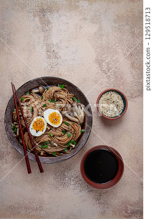 buckwheat noodles, soba, with shimeji mushrooms, boiled egg, green onion, homemade, no people, buckwheat noodles, soba, with shimeji mushrooms, boiled egg, green onion, homemade, no people, 129518713