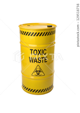 Toxic waste barrel with yellow hazard symbol, radioactive danger sign isolated on transparent background 129518738