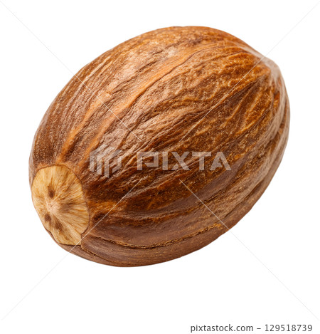 Nutmeg seed isolated, whole brown spice with textured surface, culinary ingredient 129518739