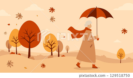 Elegant Autumn Elderly gray-haired woman walking with umbrella in fall park. Autumnal landscape with falling leaves, colorful trees. Horizontal seasonal background banner. Vector illustration. Not AI. Elegant Autumn Elderly gray-haired woman walking with umbrella in fall park. Autumnal landscape with falling leaves, colorful trees. Horizontal seasonal background banner. Vector illustration. Not AI. 129518750