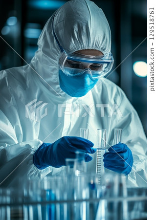 An Environmental Scientist is actively collecting water samples 129518761