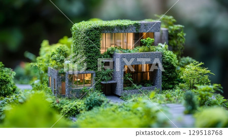 eco-friendly architecture model surrounded by greenery eco-friendly architecture model surrounded by greenery 129518768