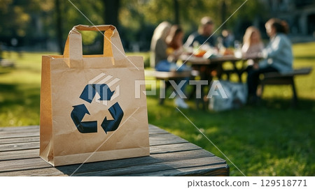 Enjoying an EcoFriendly Picnic Scene with a Recyclable Bag in a Beautiful Green Park Surrounded by Nature Enjoying an EcoFriendly Picnic Scene with a Recyclable Bag in a Beautiful Green Park Surrounded by Nature 129518771