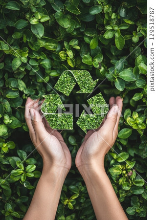 Gentle Hands Cradling the Green Recycle Symbol Surrounded by Beautiful Lush Foliage in Natures Embrace 129518787