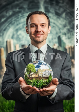 A Businessman Holds the Earth, Surrounded by Symbols of Sustainability in a Bustling Urban Landscape Setting 129518788