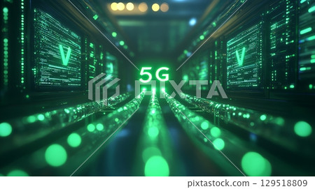 Advanced futuristic visualization of a 5G network showcasing dynamic data streams and interconnections 129518809