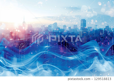 A stunning futuristic urban skyline features vibrant neon lights and mesmerizing digital rain effects 129518813