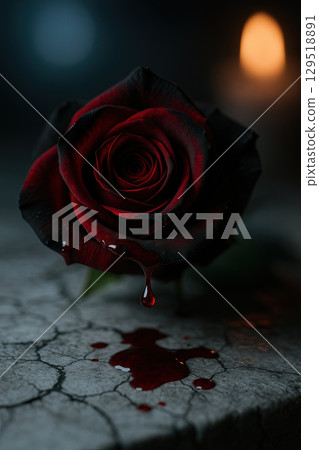 Dark Red Rose Dripping Crimson Liquid in Candlelight 129518891