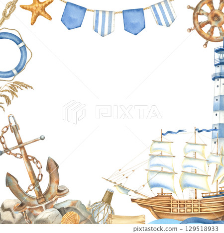 Square frame with sailing ship, lighthouse, anchor, steering wheel, lifebuoy. Hand drawn watercolor illustration of symbols of voyage, tourism on isolated background. Border with vintage elements. Square frame with sailing ship, lighthouse, anchor, steering wheel, lifebuoy. Hand drawn watercolor illustration of symbols of voyage, tourism on isolated background. Border with vintage elements. 129518933