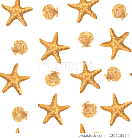 Seamless pattern with orange starfish and scallop. Hand drawn watercolor illustration of nautical background for baby textile design or nursery wallpaper. Simple, marine, beach backdrop for kids. 129518934