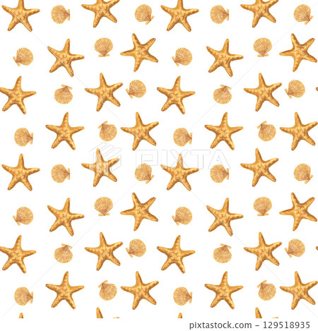 Seamless pattern with orange starfish and scallop. Hand drawn watercolor illustration of nautical background for baby textile design or nursery wallpaper. Simple, marine, beach backdrop for kids. 129518935