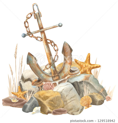 Aged rusty anchor with a large chain surrounded seashells, starfish, rocks and dry grass. Hand drawn watercolor illustration of pebbles with sea shells on isolated background for nautical design. Aged rusty anchor with a large chain surrounded seashells, starfish, rocks and dry grass. Hand drawn watercolor illustration of pebbles with sea shells on isolated background for nautical design. 129518942
