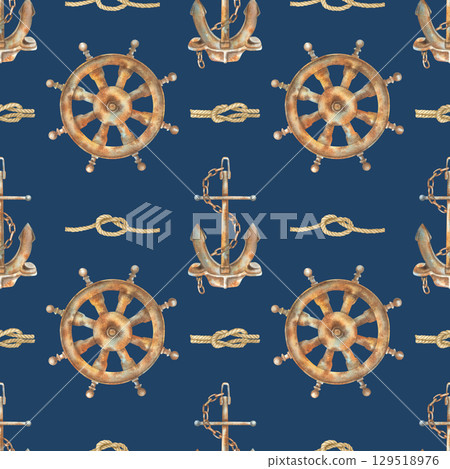 Seamless pattern with rusty anchor, steering wheel and sea nodes. Hand drawn watercolor illustration of marine elements on navy blue background. Nautical ornament for Baby design, wallpaper, textiles. 129518976