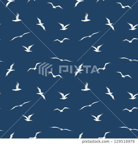 Seamless pattern with flying seagulls. Hand drawn watercolor illustration of sea birds on dark blue background. Nautical ornament for Baby design, wallpaper, wrapping paper in monochrome colors. 129518978