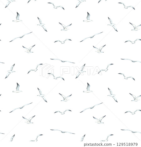 Seamless pattern with flying seagulls. Hand drawn watercolor illustration of sea birds on white background. Nautical ornament for Baby design, wallpaper, textiles, wrapping paper in monochrome colors. 129518979