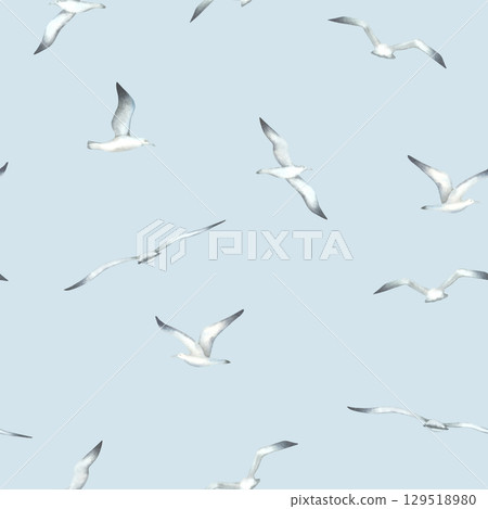 Seamless pattern with flying seagulls. Hand drawn watercolor illustration of sea birds on blue background. Nautical ornament for Baby design, wallpaper, textiles, wrapping paper in monochrome colors. 129518980