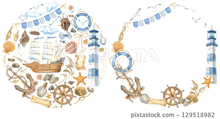 Wreath with lighthouse, anchor, steering wheel, lifebuoy, starfish. Hand drawn watercolor illustration of symbols of voyage, tourism on isolated background. Nautical circle frame with vintage element. 129518982