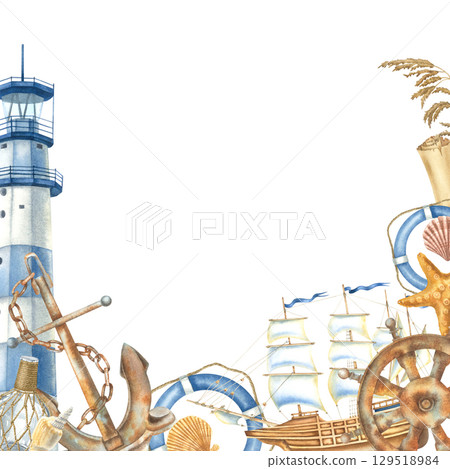 Square frame with sailing ship, lighthouse, anchor, steering wheel, lifebuoy. Hand drawn watercolor illustration of symbols of voyage, tourism on isolated background. Border with vintage elements. Square frame with sailing ship, lighthouse, anchor, steering wheel, lifebuoy. Hand drawn watercolor illustration of symbols of voyage, tourism on isolated background. Border with vintage elements. 129518984