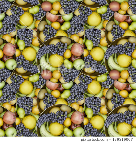 Seamless 3D Fruit Basket Pattern Tileable Background Wallpaper Colorful Design 129519007