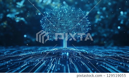 A glowing digital tree with illuminated roots against a stunning futuristic landscape, captivating imagination 129519055
