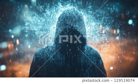 A mysterious figure cloaked in a hood stands in the rain against a richly sparkling abstract background 129519074
