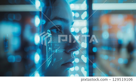 A Futuristic Portrait of a Woman Featuring Neon Facial Accents and an Intriguing Digital Interface Design 129519106
